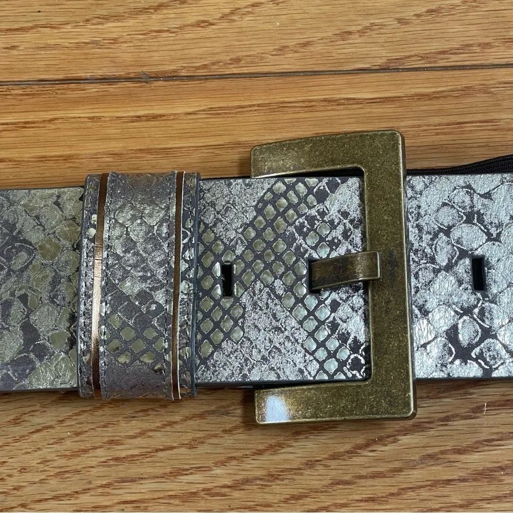 Nine West Bronze Leather and Wide Elastic Stretch Belt Brass Buckle L/XL